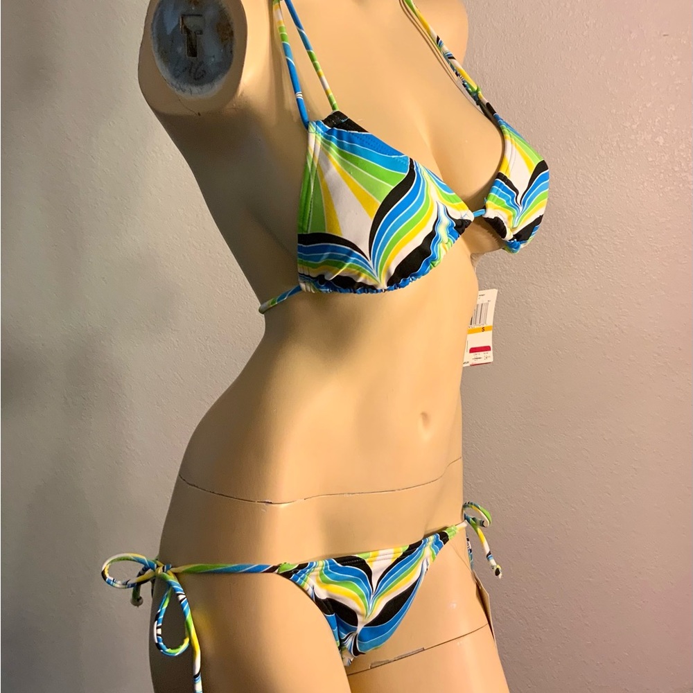 Hula Honey women’s swimsuit bikini sets blue string tie retro print S M L NWT